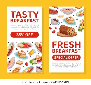 Tasty fresh breakfast mobile app template. Traditional breakfast dishes special offer, flyer, promotional leaflet web banner cartoon vector