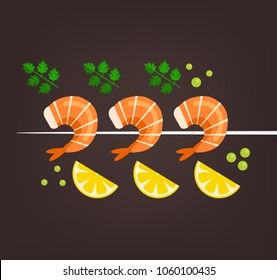  Tasty fresh cooked fried shrimps dish with lemon slice and paprika. Sea food nutrition concept. Vector flat cartoon isolated illustration 