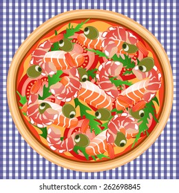 Tasty fresh cooked pizza with seafood. Vector image can be used for menu, food posters design or other crafts.