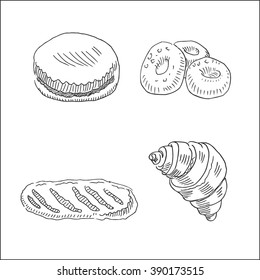 Tasty and fresh doughnut, bagel, cake, muffin, bun, doughnut, croissant and donut drawings , in sketch hand drawn style, for bakery market, restaurant and  cafe business design