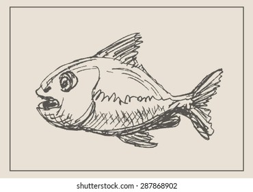 Tasty fresh fish, in engraving etching sketch hand drawing style, for seafood, food and  restaurant design