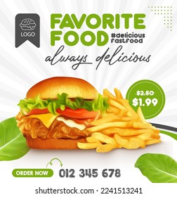 Tasty and fresh Fried chicken burger with fries social media poster