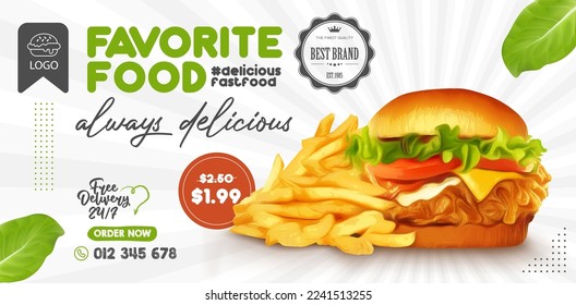 Tasty and fresh fried chicken burger with fries social media banner template