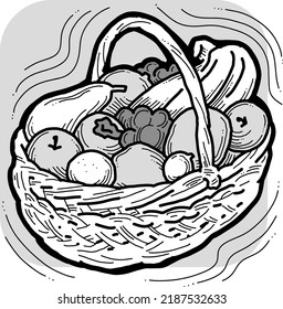 Tasty fresh fruits and vegetables in basket for healthy eating, vegan and vegetarian lifestyle. Garden harvest, market shopping, grocery store. Hand drawn illustration. Cartoon vintage vector drawing.