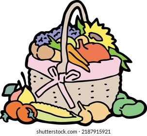 Tasty fresh fruits and vegetables in basket for healthy eating, vegan and vegetarian lifestyle. Garden harvest, market shopping, grocery store. Hand drawn illustration. Cartoon vintage vector drawing.