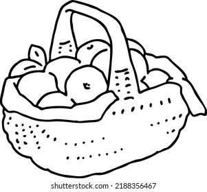 Tasty fresh fruits and vegetables in basket for healthy eating, vegan and vegetarian lifestyle. Garden harvest, market shopping, grocery store. Hand drawn illustration. Cartoon vintage vector drawing.