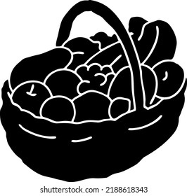 Tasty fresh fruits and vegetables in basket for healthy eating, vegan and vegetarian lifestyle. Garden harvest, market shopping, grocery store. Hand drawn illustration. Black silhouette vector drawing
