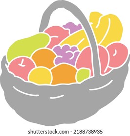 Tasty fresh fruits and vegetables in basket for healthy eating, vegan and vegetarian lifestyle. Garden harvest, market shopping, grocery store. Hand drawn illustration. Cartoon vintage vector drawing.