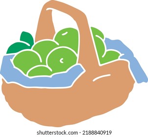 Tasty fresh fruits and vegetables in basket for healthy eating, vegan and vegetarian lifestyle. Garden harvest, market shopping, grocery store. Hand drawn illustration. Cartoon vintage vector drawing.