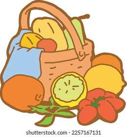 Tasty fresh fruits and vegetables in basket for healthy eating, vegan and vegetarian lifestyle. Garden harvest, market shopping, grocery store. Hand drawn illustration. Cartoon vintage vector drawing.