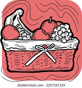 Tasty fresh fruits and vegetables in basket for healthy eating, vegan and vegetarian lifestyle. Garden harvest, market shopping, grocery store. Hand drawn illustration. Cartoon vintage vector drawing.