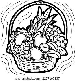 Tasty fresh fruits and vegetables in basket for healthy eating, vegan and vegetarian lifestyle. Garden harvest, market shopping, grocery store. Hand drawn illustration. Cartoon vintage vector drawing.