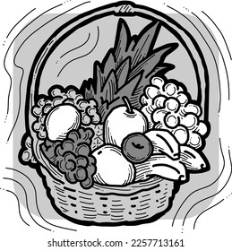 Tasty fresh fruits and vegetables in basket for healthy eating, vegan and vegetarian lifestyle. Garden harvest, market shopping, grocery store. Hand drawn illustration. Cartoon vintage vector drawing.