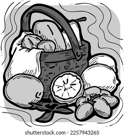 Tasty fresh fruits and vegetables in basket for healthy eating, vegan and vegetarian lifestyle. Garden harvest, market shopping, grocery store. Hand drawn illustration. Cartoon vintage vector drawing.
