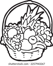 Tasty fresh fruits and vegetables in basket for healthy eating, vegan and vegetarian lifestyle. Garden harvest, market shopping, grocery store. Hand drawn illustration. Cartoon vintage vector drawing.