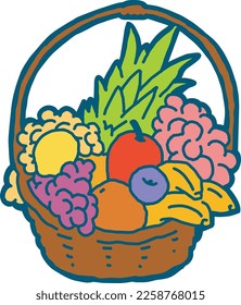 Tasty fresh fruits and vegetables in basket for healthy eating, vegan and vegetarian lifestyle. Garden harvest, market shopping, grocery store. Hand drawn illustration. Cartoon vintage vector drawing.