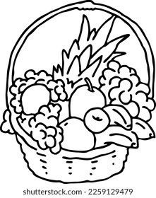 Tasty fresh fruits and vegetables in basket for healthy eating, vegan and vegetarian lifestyle. Garden harvest, market shopping, grocery store. Hand drawn illustration. Cartoon vintage vector drawing.