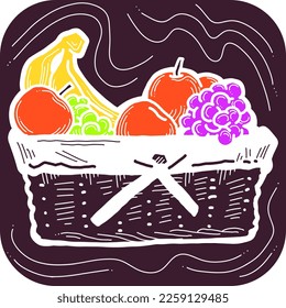 Tasty fresh fruits and vegetables in basket for healthy eating, vegan and vegetarian lifestyle. Garden harvest, market shopping, grocery store. Hand drawn illustration. Cartoon vintage vector drawing.