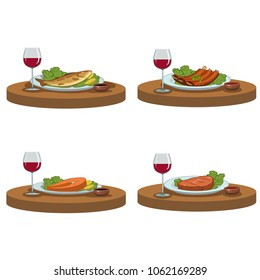 Tasty fresh hot food and red wine on a wooden table. Set of four illustrations.