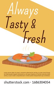 Tasty and fresh meals poster flat vector template. Traditional Indian cuisine brochure, booklet one page concept design with cartoon character. Asian dish, Tandoori Chicken flyer, leaflet