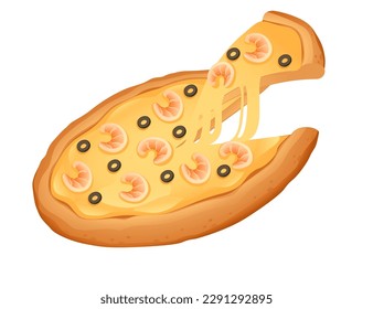 Tasty fresh pizza with cheese shrimp and olives design for menu vector illustration isolated on white background