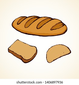 Tasty fresh soft golden toaster rye roll bun hunk on light beige backdrop. Bright yellow color hand drawn pastry rusk bakery cuisine menu logo emblem banner in retro scribble cartoon comic style space