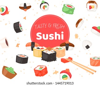 Tasty and fresh sushi banner, poster vector illustration. Japanese cuisine in cartoon style. Asian food wirh rice. Salmon and flying fish. Traditional national dishes for menu.