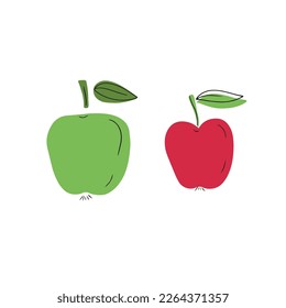 Sabrosas dos manzanas rojas y verdes frescas con hoja con línea negra aislada en fondo blanco. Dibujo manual de dibujos de dibujos de dibujos planos vectoriales en forma de doodle. Vegetariano, jugo, mercado, nutrición saludable