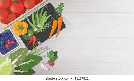 Tasty fresh vegetables on a wooden worktop, healthy vegetarian eating concept