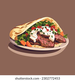 Tasty fresh wrap gyro sandwich with beef and vegetables vector illustration