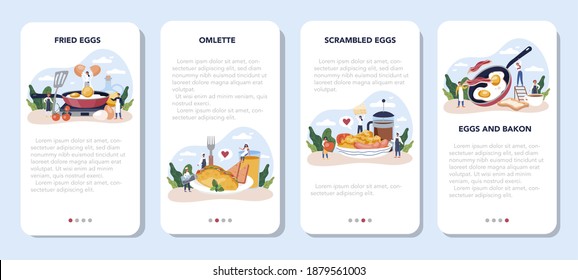 Geschmackvoll gebratene Eier für Frühstück Handy Banner Set. Rührei mit Gemüse und Speck. Köstliches Essen am Morgen. Gelbes Gelb. Einzige Vektorgrafik im Cartoon-Stil