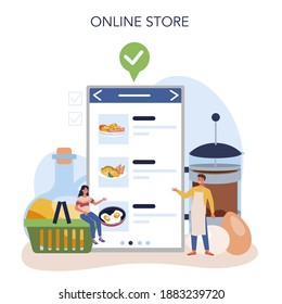 Tasty fried eggs for breakfast online service or platform. Scrambled egg with vegetables and bacon. Food in the morning. Online store. Isolated vector illustration