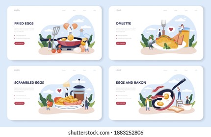 Deliciosos huevos fritos para el banner de la web del desayuno o la página de inicio. Huevo revuelto con verduras y tocino. Deliciosa comida por la mañana. Yema amarillo. Ilustración vectorial aislada en estilo de dibujos animados