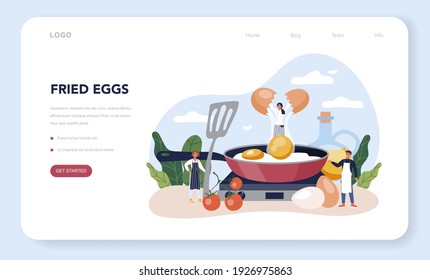 Tasty fried eggs for breakfast web banner or landing page. Scrambled egg with vegetables and bacon. Delicious food in the morning. Yellow yolk. Isolated vector illustration in cartoon style