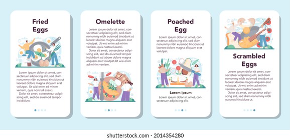 Geschmackvoll gebratene Eier mobile Applikationsbanner Set. Rührei, gebraten, Eier gepocht, Omelett mit Gemüse und Speck zum Frühstück. Köstliches Essen am Morgen. Flache Vektorgrafik