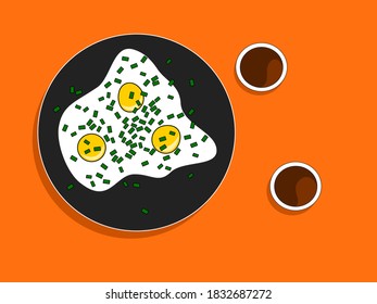  Deliciosos huevos fritos en la sartén y dos tazas de café