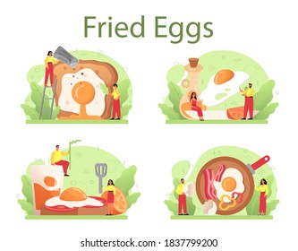 En el desayuno se sirven deliciosos huevos fritos con verduras y bacon. Huevos revueltos. Deliciosa comida por la mañana. Yema amarillo. Ilustración vectorial aislada en estilo de dibujos animados