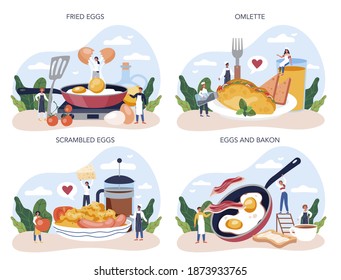 Tasty fried eggs with vegetables and bacon for breakfast set. Scrambled eggs. Delicious food in the morning. Yellow yolk. Isolated vector illustration in cartoon style