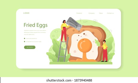 Tasty fried eggs with vegetables and bacon for breakfast web banner or landing page. Scrambled eggs. Delicious food in the morning. Yellow yolk. Isolated vector illustration in cartoon style