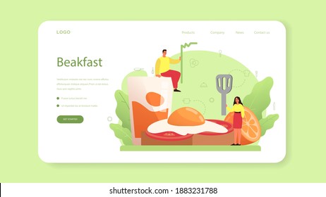 Tasty fried eggs with vegetables and bacon for breakfast web banner or landing page. Scrambled eggs. Delicious food in the morning. Yellow yolk. Isolated vector illustration in cartoon style