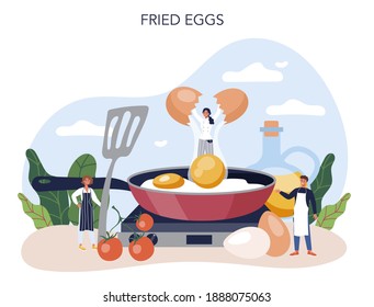 Tasty fried eggs with vegetables and bacon for breakfast set. Scrambled eggs. Delicious food in the morning. Yellow yolk. Isolated vector illustration in cartoon style