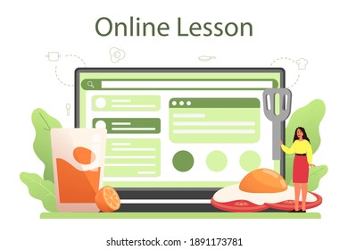Tasty fried eggs with vegetables and bacon for breakfast online service or platform. Delicious food in the morning. Online lesson. Isolated vector illustration