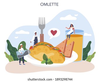 Tasty fried eggs with vegetables and bacon for breakfast set. Scrambled eggs. Delicious food in the morning. Yellow yolk. Isolated vector illustration in cartoon style