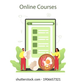 Tasty fried eggs with vegetables and bacon for breakfast online service or platform. Delicious food in the morning. Online course. Isolated vector illustration