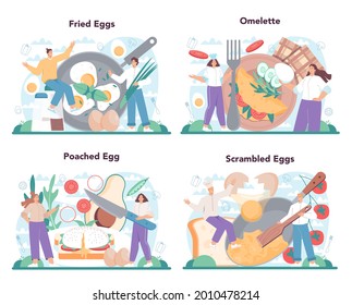 Tasty fried eggs with vegetables and bacon for breakfast set. Scrambled, fried, poached eggs, omelette. Delicious food in the morning. Flat vector illustration