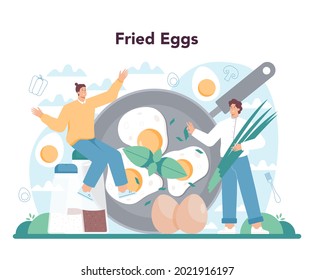 Tasty fried eggs with vegetables and bacon for breakfast. Delicious food in the morning. Flat vector illustration