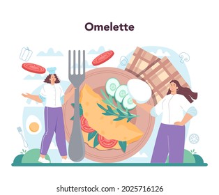 Por la mañana se sirven deliciosos huevos fritos con verduras y bacon. Omelet. Deliciosa comida por la mañana. Ilustración vectorial plana
