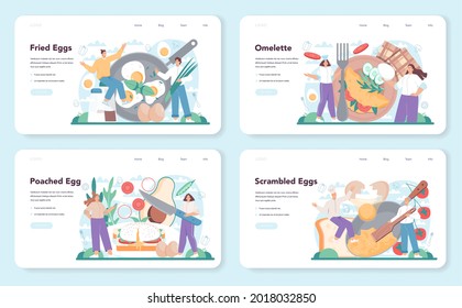 Tasty fried eggs web banner or landing page set. Scrambled, fried, poached eggs, omelette with vegetables and bacon for breakfast. Delicious food in the morning. Flat vector illustration