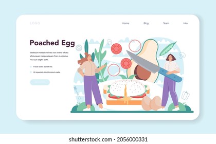 Tasty fried eggs web banner or landing page. Poached eggs with vegetables and bacon for breakfast. Delicious food in the morning. Flat vector illustration