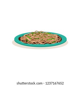 Tasty fried noodle with green beans. Traditional Malaysian food. Appetizing Asian dish. Flat vector design